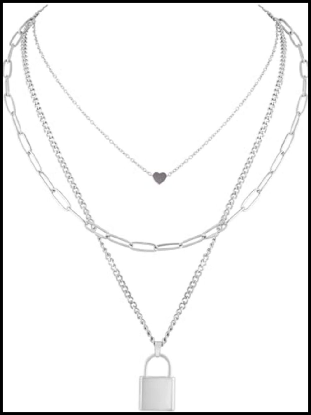 Layered Heart Lock Necklace Titanium Steel Punk Gothic Women's Jewelry